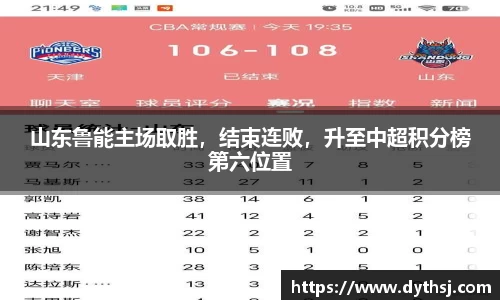 山东鲁能主场取胜，结束连败，升至中超积分榜第六位置